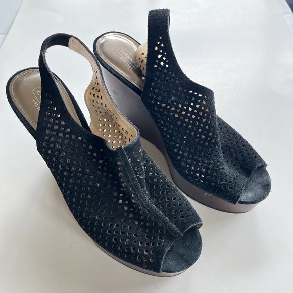 Coach Shoes Black Chasity Perforated Mesh Sling back Wedge Platform Heel Sz 9.5B - Picture 5 of 6